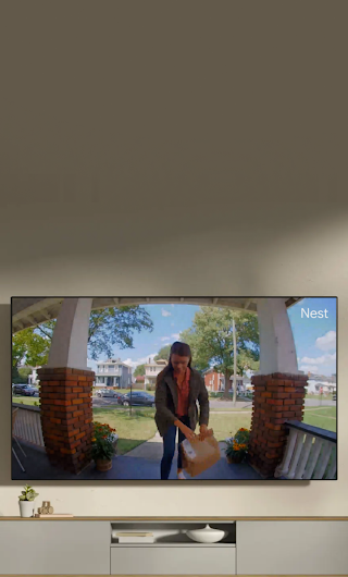 Una TV in salotto che mostra un corriere in piedi sull'uscio che saluta in direzione della videocamera del campanello.
