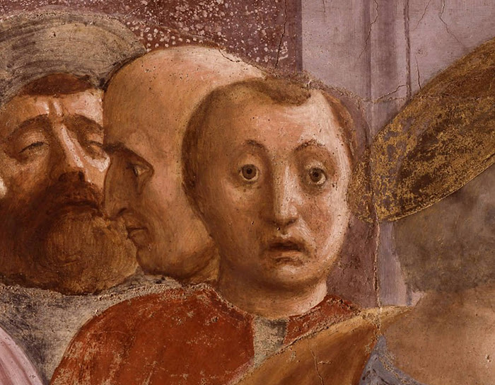 Masaccio e Filippino Lippi, Resurrezione del figlio di Teofilo e san Pietro in cattedra (particolare di uno degli spettatori, con gli occhi e la bocca aperti che assistono al miracolo), Cappella Brancacci, Santa Maria del Carmine, Firenze