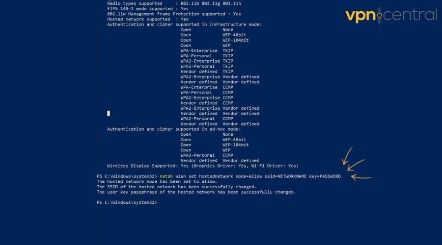 Setting network name and password in Command prompt