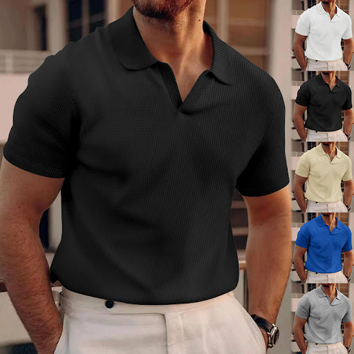 Title 2, Mens Polo Shirt Lapel V-neck Waffle Short Slee...