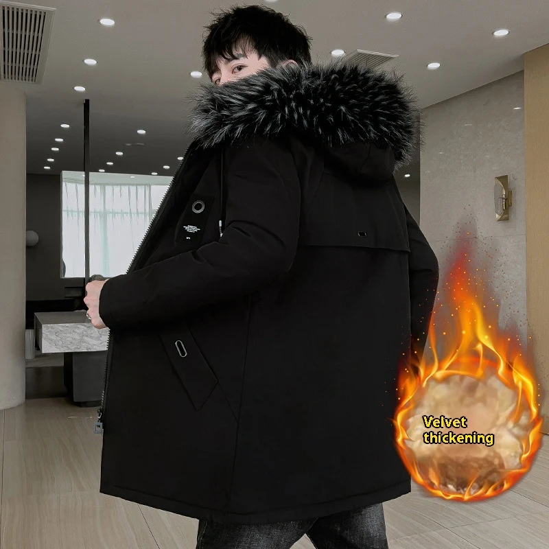 Erkekler için polar astarlı, kapüşonlu, kalınlaştırılmış kışlık ceket, orta boy genç pamuklu dolgulu palto, soğuk havalar için ideal.