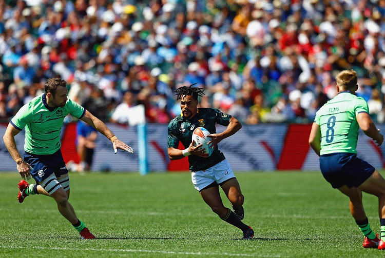 Selvyn Davids of South Africa during the quarter final match between South Africa and Scotland on day 2 of the Rugby World Cup Sevens 2018 at AT&T Park on July 21, 2018 in San Francisco, United States of America.