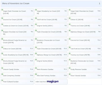Keventers Ice Cream menu 