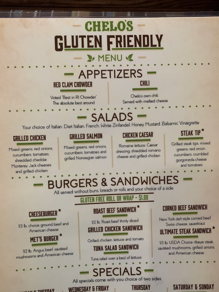 Chelo's Hometown Bar & Grille gluten-free menu