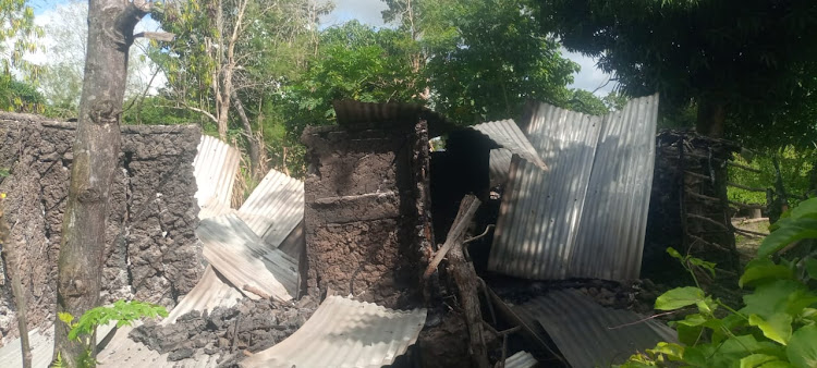 A house that was reduced to ashes during the Monday night suspected Al-Shabaab attack at Salama village in Lamu West. Eight houses and a church were torched during the pre-dawn attack.