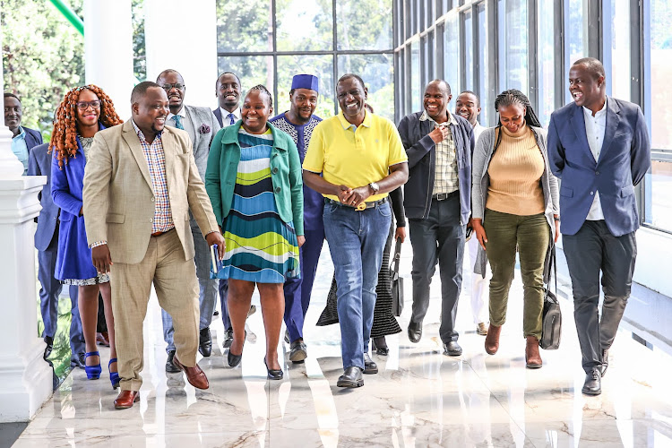 President William Ruto after the meeting with KMPDU officials alongside members from his office at Statehouse, Nairobi on May 11, 2024.