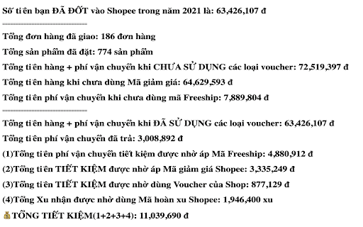 Thống kê đơn Shopee 2021