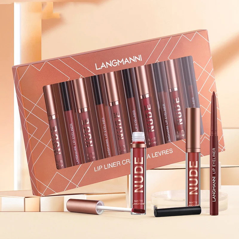 Set de maquillaje Labial y Delineador de Labios 12 piezas 6 Labiales Mate 6 Delineadores Impermeables de Larga Duración Belleza Labial