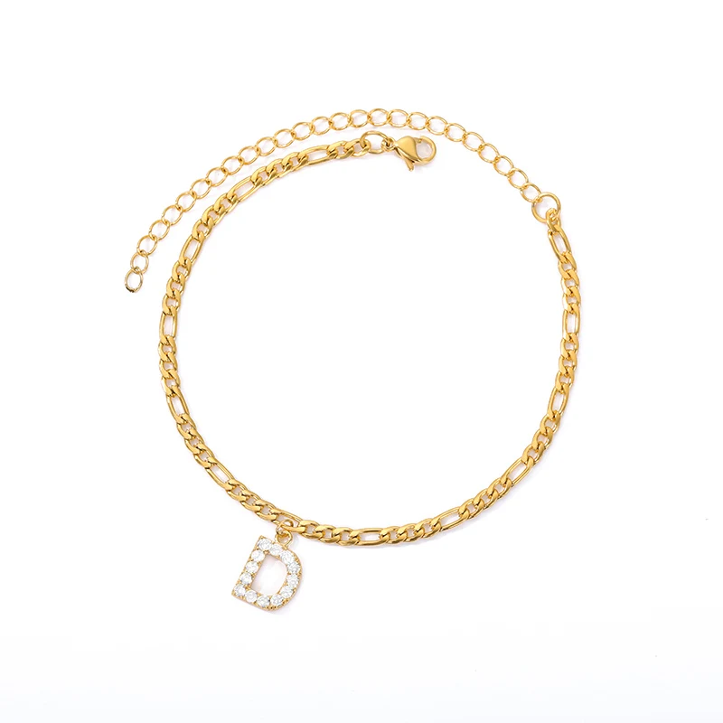 Roestvrijstalen enkelband met Engels alfabet en zirkonia, past overal bij. Een stijlvol en duurzaam accessoire dat je dagelijkse look verbetert, perfect voor elke gelegenheid.