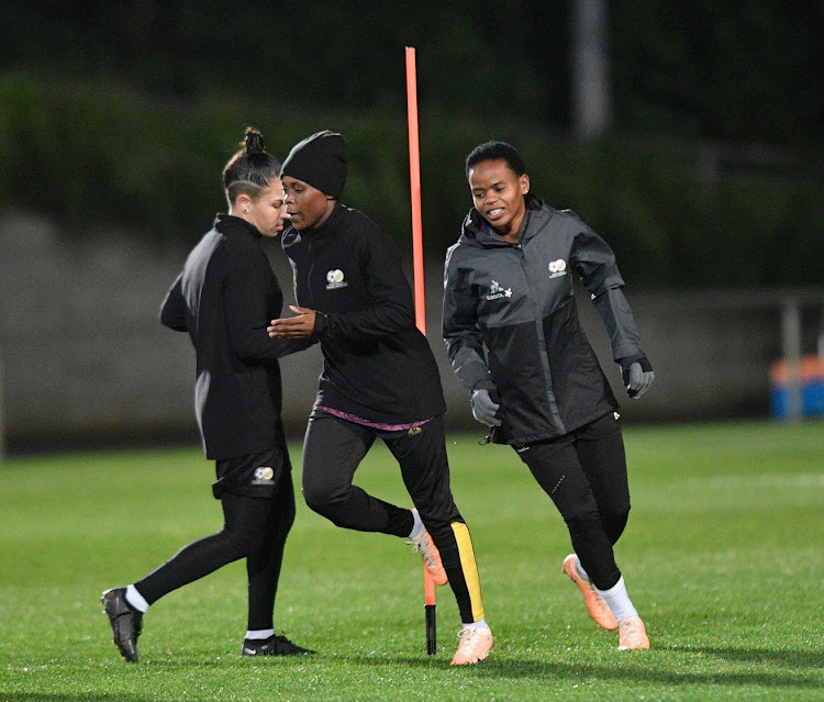 Hildah Magaia, right, trains with Banyana Banyana teammates Gabriela Salgado, left, and Bongeka Gamede in Wellington, New Zealand, ahead of their crunch World Cup group G match against Italy.