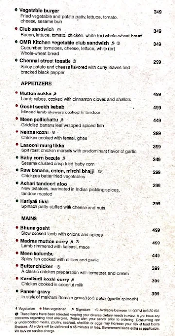 Omr Kitchen & Bar - Fairfield By Marriott Chennai Omr menu 