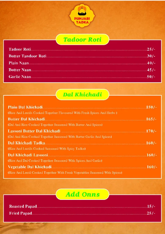 Punjabi Tadka menu 