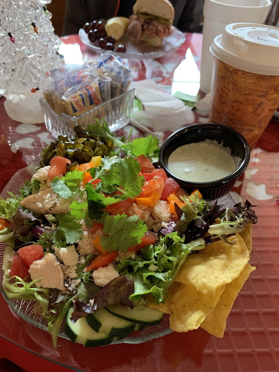 Southwest Salad with Chicken and Cilantro dressing.