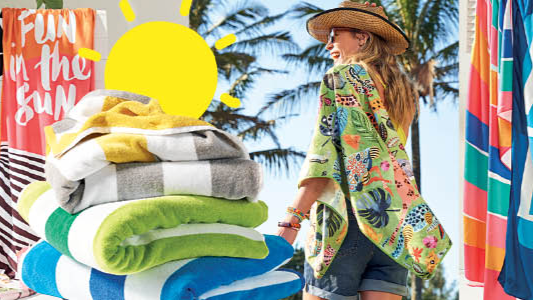 Choose from a range of beach towels and umbrellas to suit your needs and style.