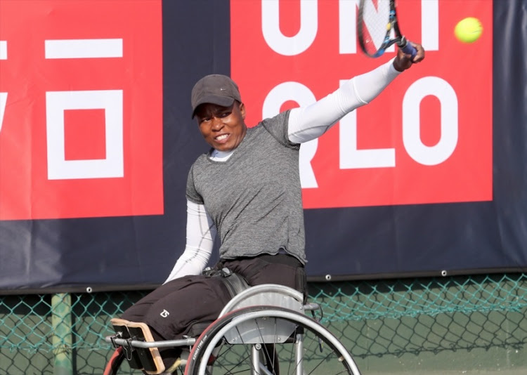 Kgothatso Montjane of South Africa in action in the women's final during day 4 of the Wheelchair Tennis Joburg Open at the Arthur Ashe Tennis Centre on July 05, 2017 in Johannesburg, South Africa.