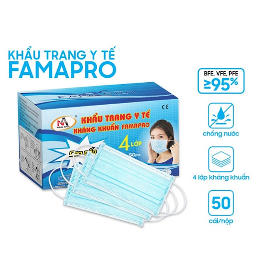 Khẩu trang y tế Famapro 4 lớp 50 cái/ Hộp - Xanh