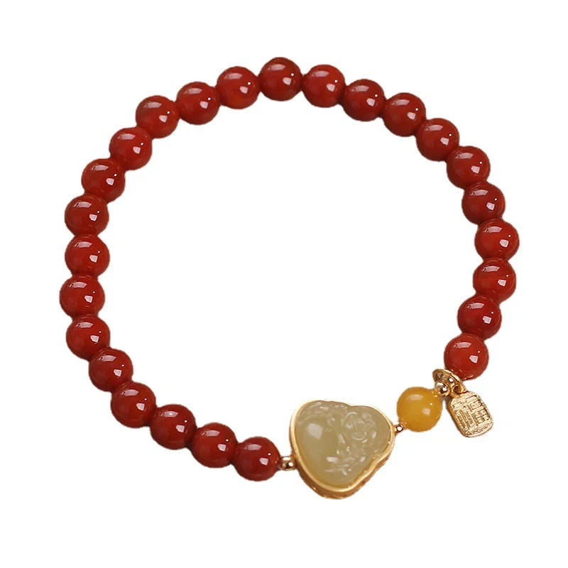 Zuid-rode agaat kralenarmband dames, 14K goud ingelegd met jade Boeddha, elegante bescherming.
