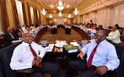 President Jacob Zuma and Deputy President Cyril Ramaphosa at a routine Cabinet committee meeting with ministers and deputy ministers in Cape Town, 7 February 2018.