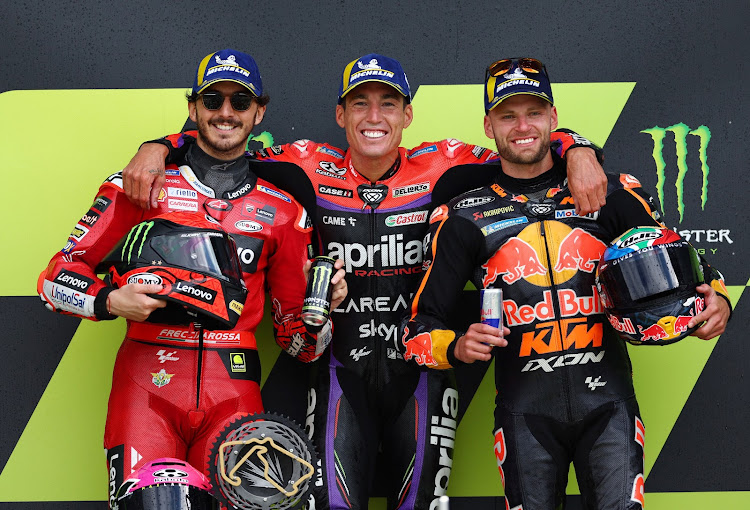 Winner Espargaro (centre) with second-placed Bagnaia (left) and third-placed Binder. Picture: REUTERS