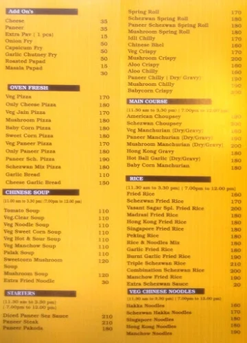 Vasant Sagar menu 