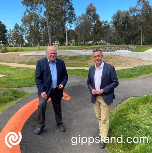 Federal Member for Gippsland Darren Chester and Wellington Shire Council Mayor Garry Stephens visited the Maffra Play Precinct to inspect the new pump track and improved skate park