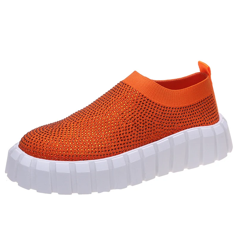 Zapatos de punto con pedrería transpirables para mujer, planos casuales para caminar, cómodos y a la moda, ideales para el día a día.