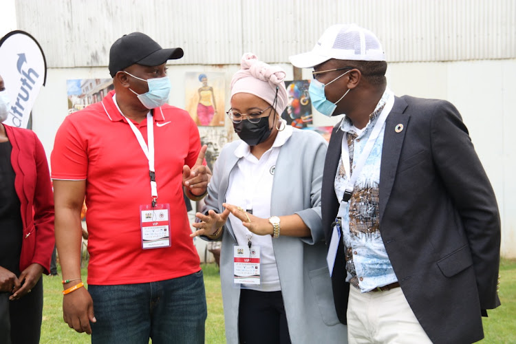 Reverend Hamisi Kirenga, ICT CAS Nadia Ahmed and NYC chief Executive Roy Sasaka during the launch of National Youth Council mental health awareness at Two Rivers Mall./WILFRED NYANGARESI