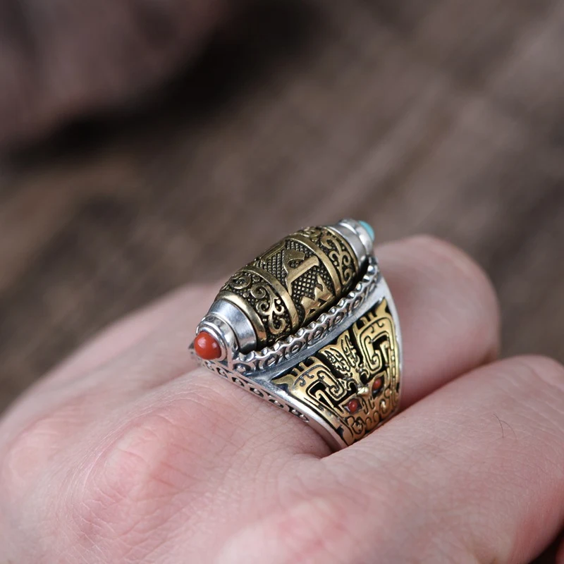 Bague Rotative Mantra Six Caractères Argent S925 Dorée, artisanat vintage, pour une méditation apaisante et un style unique.