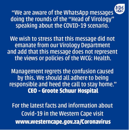 The Western Cape government has cautioned South Africans to be aware of information being shared on the Covid-19 pandemic.