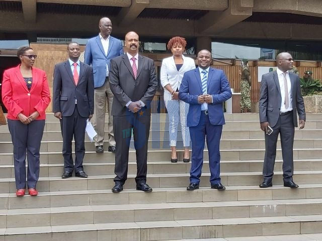 Nairobi County Assembly leadership with Speaker Beatrice Elachi and NMS director general Mohamed Badi (C) at the Kenyatta International Convention Centre on March 27.