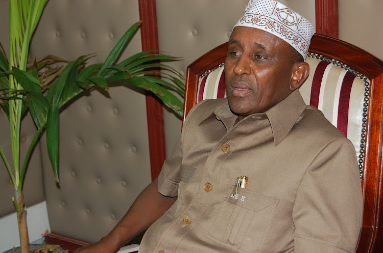 Garissa governor Ali Korane speaking to the press in his office on Monday.