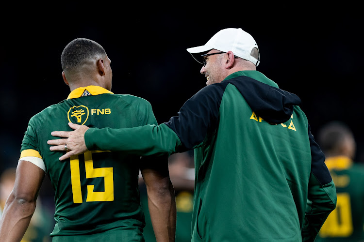 Damian Willemse of South Africa talks to head coach Jacques Nienaber after the Rugby World Cup 2023 warm up match against New Zealand at Twickenham on Friday night. Willemse was named man of the match.