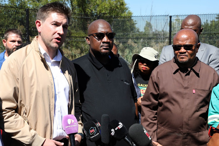 Tshwane mayor Cilliers Brink, MEC Mzi Khumalo, minister Senzo Mchunu at the water treatment works in Hammanskraal.