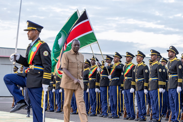 President William Ruto arrives in Ethiopia to attend the 37th African Union Summit of Heads of State and Government on February 16, 2024.