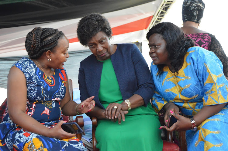 Kirinyaga governor Anne Waiguru (L), Kituyi's Charity Ngilu and and Homa Bay woman MP Gladys Wanga at Bukhungu stadium during the BBI public consultative meeting on Saturday.