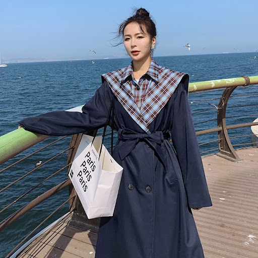 Title 2, Plaid Stitching Trench Coat British Style Fake ...