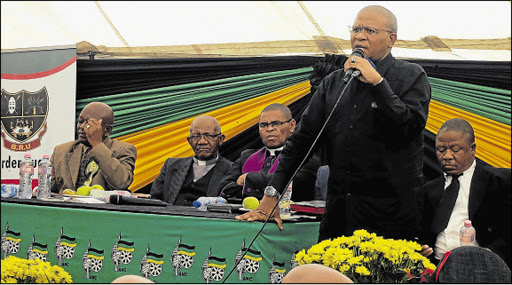 PAYING RESPECT: Department of Sports Recreation, Arts and Culture Minister Fikile Mbalula delivers a speech at Mike Stofile's funeral. Picture: SIPHE MACANDA