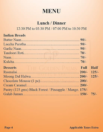 Baadsha - Golden Palms Hotel & Spa menu 