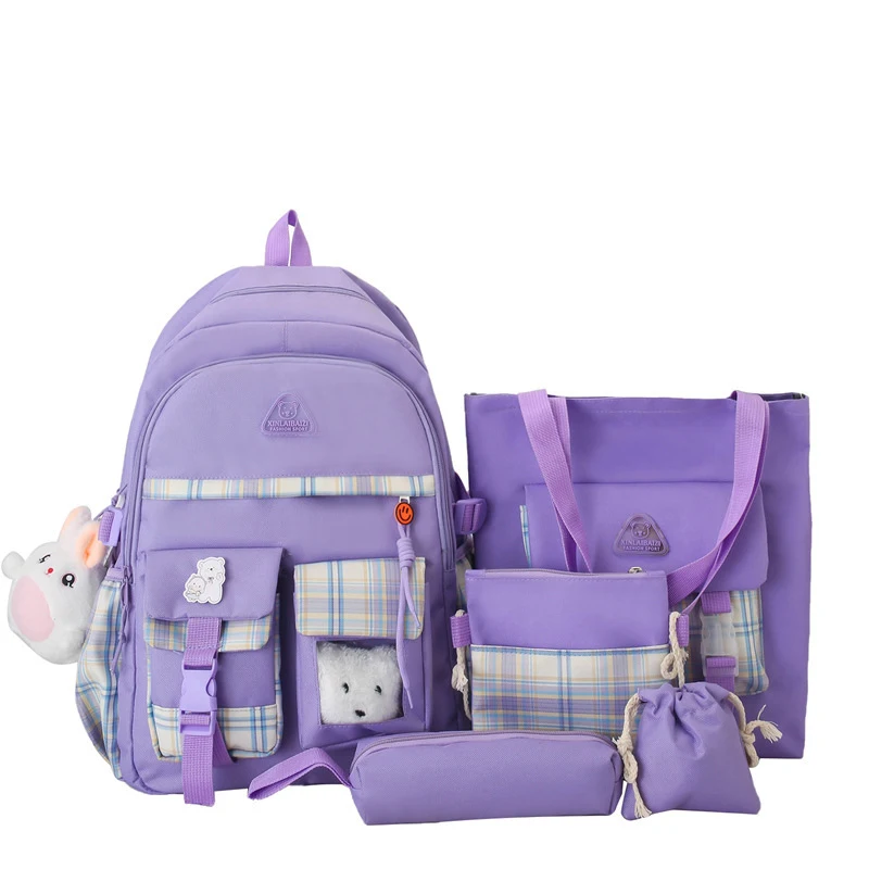 Mochila Fofa Estilo Preppy Conjunto de Cinco Peças Ideal para Escola e Passeios Oferece Organização e Conforto Inclui Bolsas Adicionais para Acessórios e Estilo