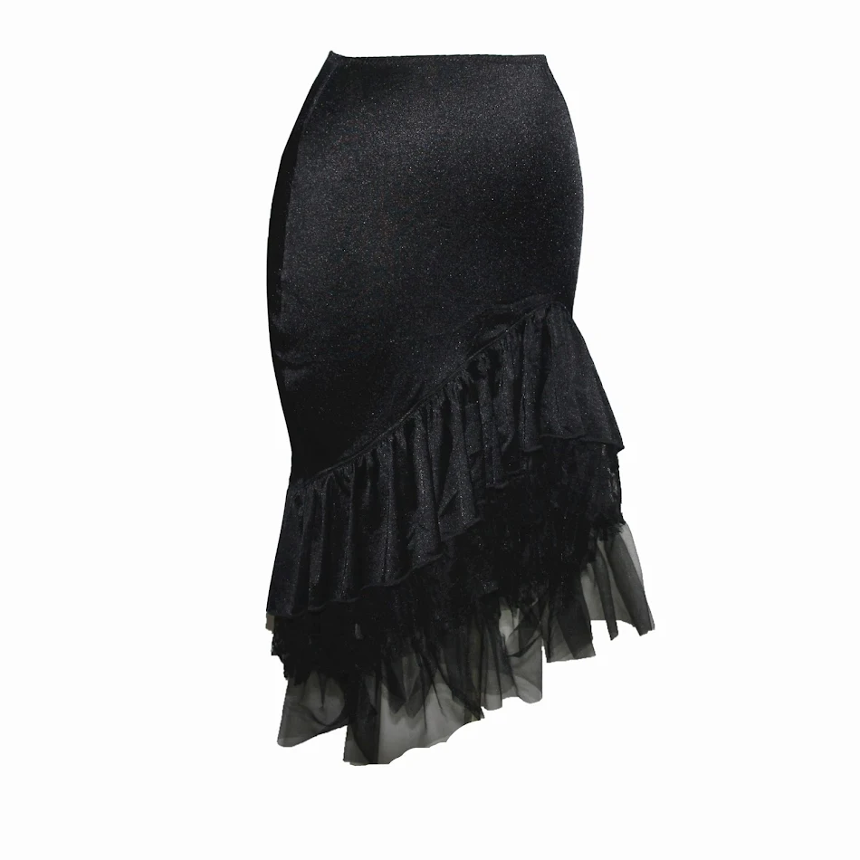 High Waist Fishtail Rock mit Spitze, Mesh und Falten, geteilter Saum, elegante Silhouette, für besondere Anlässe oder modische Looks.