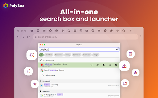 PolyBox - Search tabs, bookmarks, history, downloads, launcher & dashboard