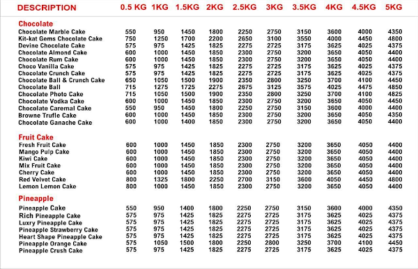 Sun Shine Cake menu 