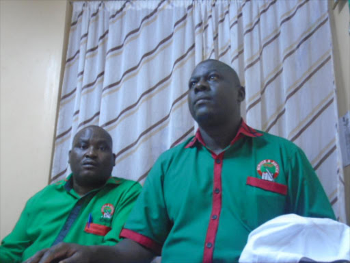 Tharaka Nithi Knut executive secretary Njeru Mutani and Chairman Dedan Kimathi at a press briefing at Knuts office in Chuka Town. They said private schools should join in the strike and warned parents to keep their children out of schools. /DAVID MUTWIRI