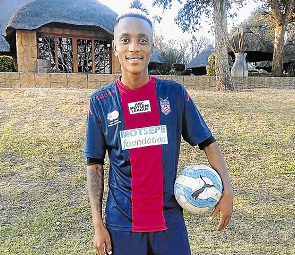 Former Tornado midfielder, Thabiso ‘Forlan’ Mikaele, shows off his new playing kit after signing for National First Division side TS Galaxy during a meet and greet in KwaNdebele