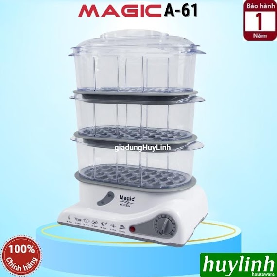 Nồi Hấp Điện 3 Tầng Magic Korea A61 - 10 Lít - Hẹn Giờ 60 Phút - Hàng Chính Hãng