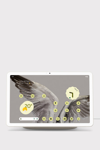 Close-up of Pixel Tablet displaying a home screen featuring the date and time and the brilliant detail of a bird wing background.