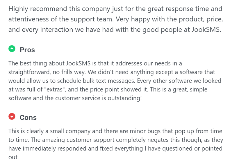 Best Bulk SMS Service Providers | JookSMS customer review highlighting its pros and cons