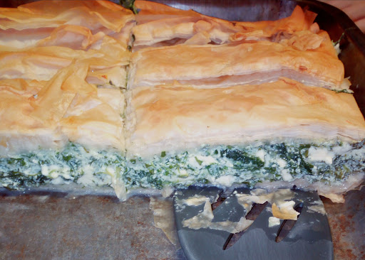 Crunchy filo pastry with a Greek cheese and greens filling.