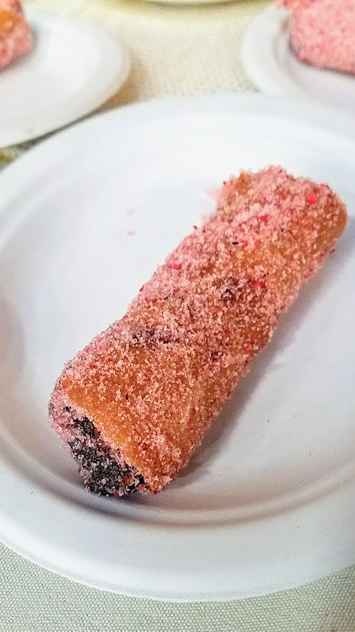 At the California Artisan Cheese Festival 2018 Best Bite Competition, Nick's Cove served up Strawberry Rhubarb Achadinha Fromage Blanc Eggroll dusted with dehydrated strawberry sugar