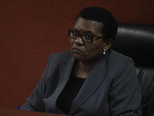 High Court Judge Hedwig Ong`udi follows proceedings at a Milimani court on Tuesday,June 12 during the hearing of an application to have suspects implicated in the Shs 469 Million NYS scandal released on bail.PHOTO/COLLINS KWEYU